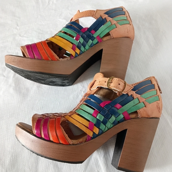 Huellas Mexicanas Leather Handmade Rainbow Block Heels Huarache Sandals  Size 7 - Picture 6 of 15